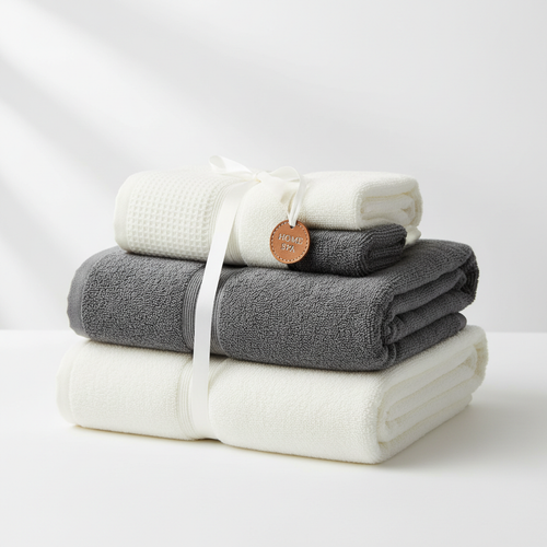 Premium bathroom towel set neatly folded in soft white and grey tones