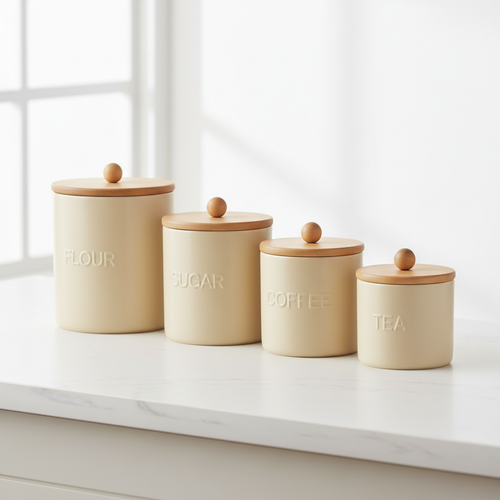 Ceramic kitchen canister set on a kitchen counter